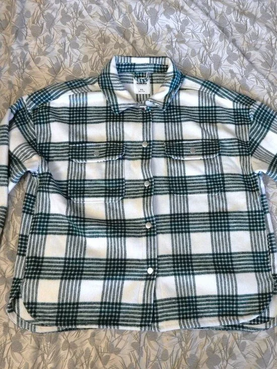 NWOT Sonoma XXL women's white green plaid shacket shirt snap buttons beach farm - Picture 1 of 6